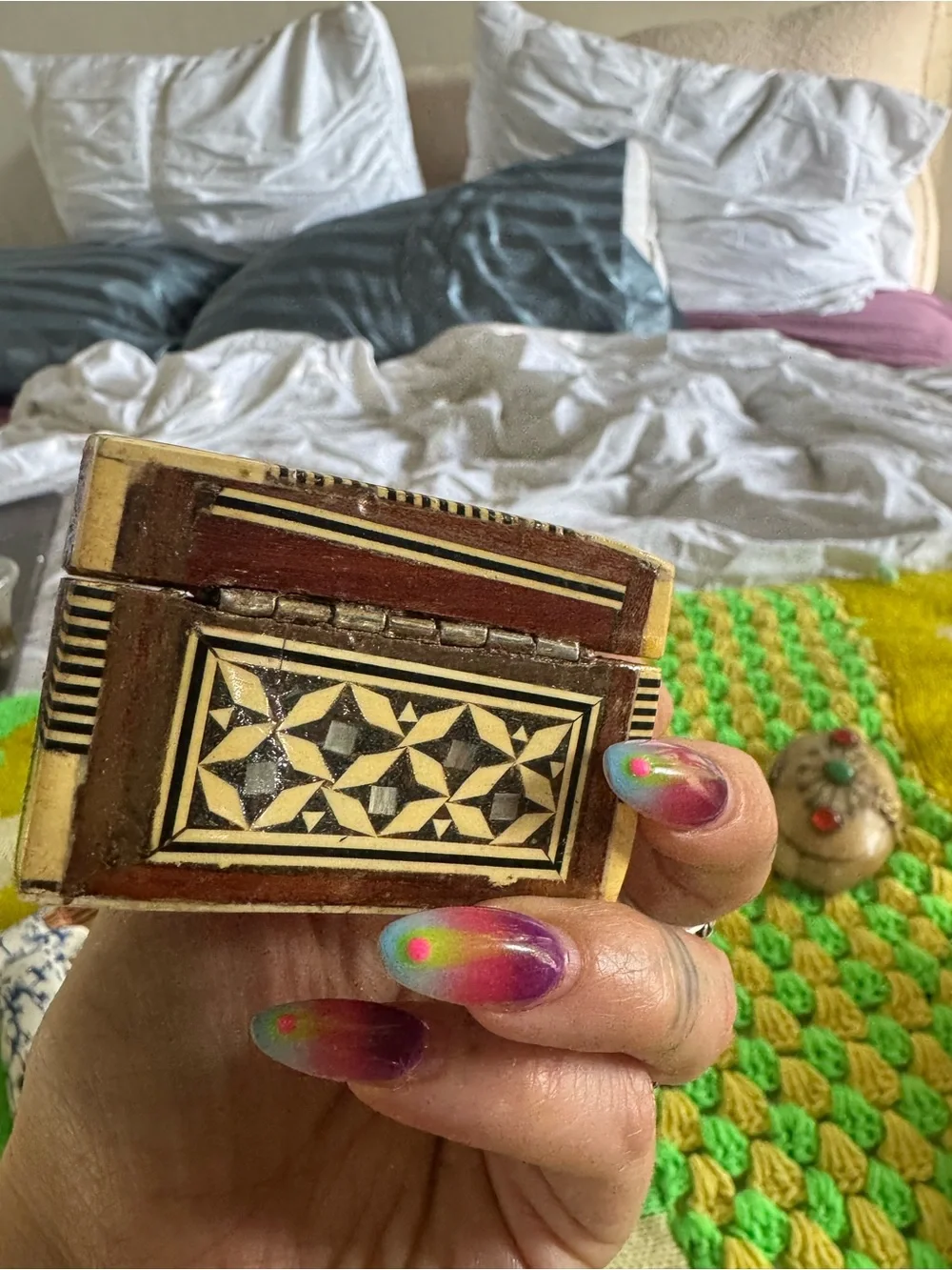 Vintage Wood and bone Trinket Box with Mother of Pearl Inlay